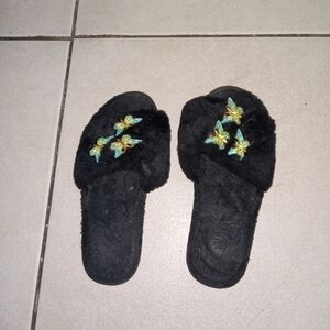 Black Furry Women's Slippers with Embellishments